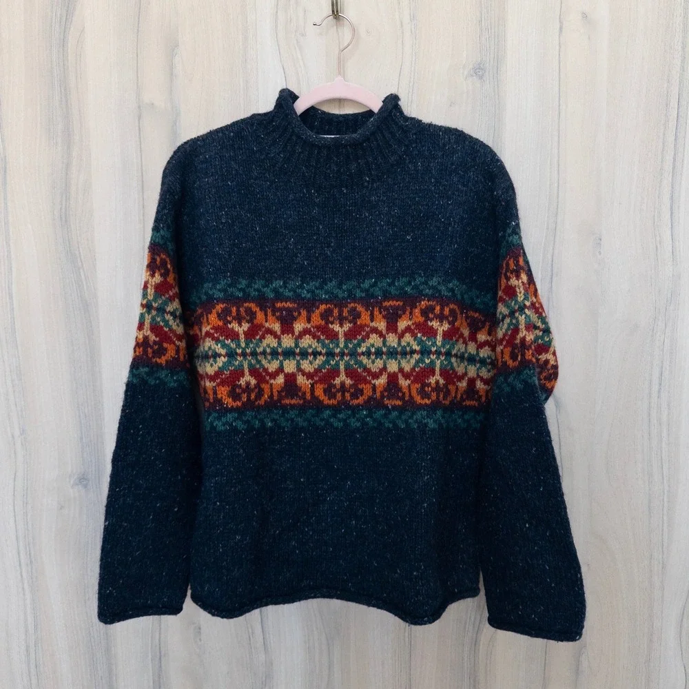 Vintage Mens Roll Neck Fair Isle Sweater Small Navy Wool Nordic Heritage Cabin
